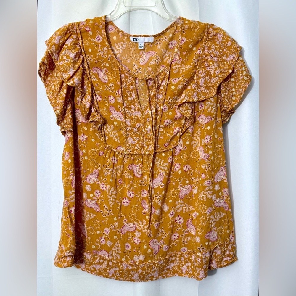 DR2 Orange Floral Pullover Top With Tie Neck And Ruffled Short Sleeves Size XL